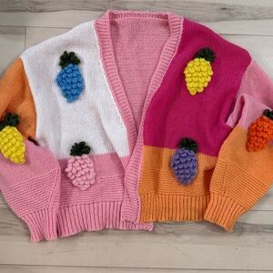 Fruit Crochet Appliqué Cardigan – Colorblock Knit – Women’s S/M Fit